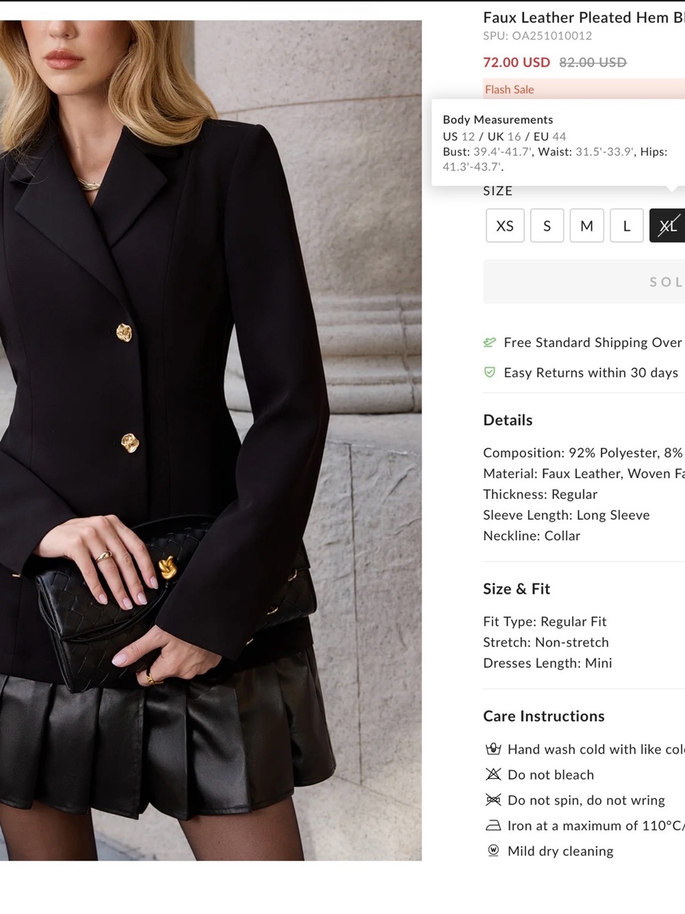 Commense Faux LeatherPleated Hem Blazer Dress - XL - Picture 4 of 7